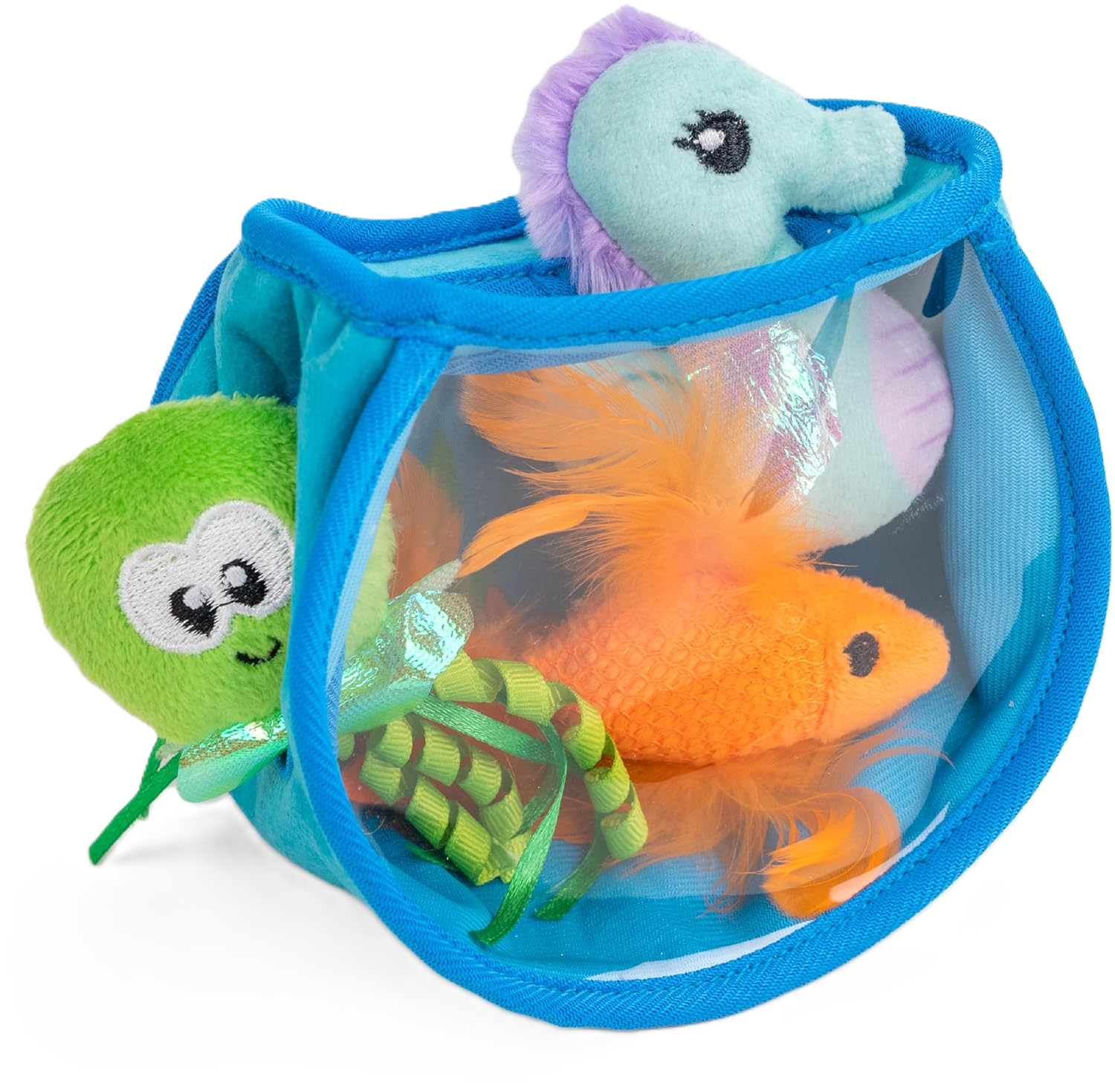 Interactive fish bowl toy with blue mesh pouch and plush orange fish, green feather lure