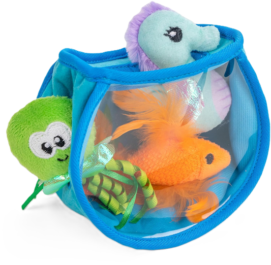 Interactive fish bowl toy with blue mesh pouch and plush orange fish, green feather lure