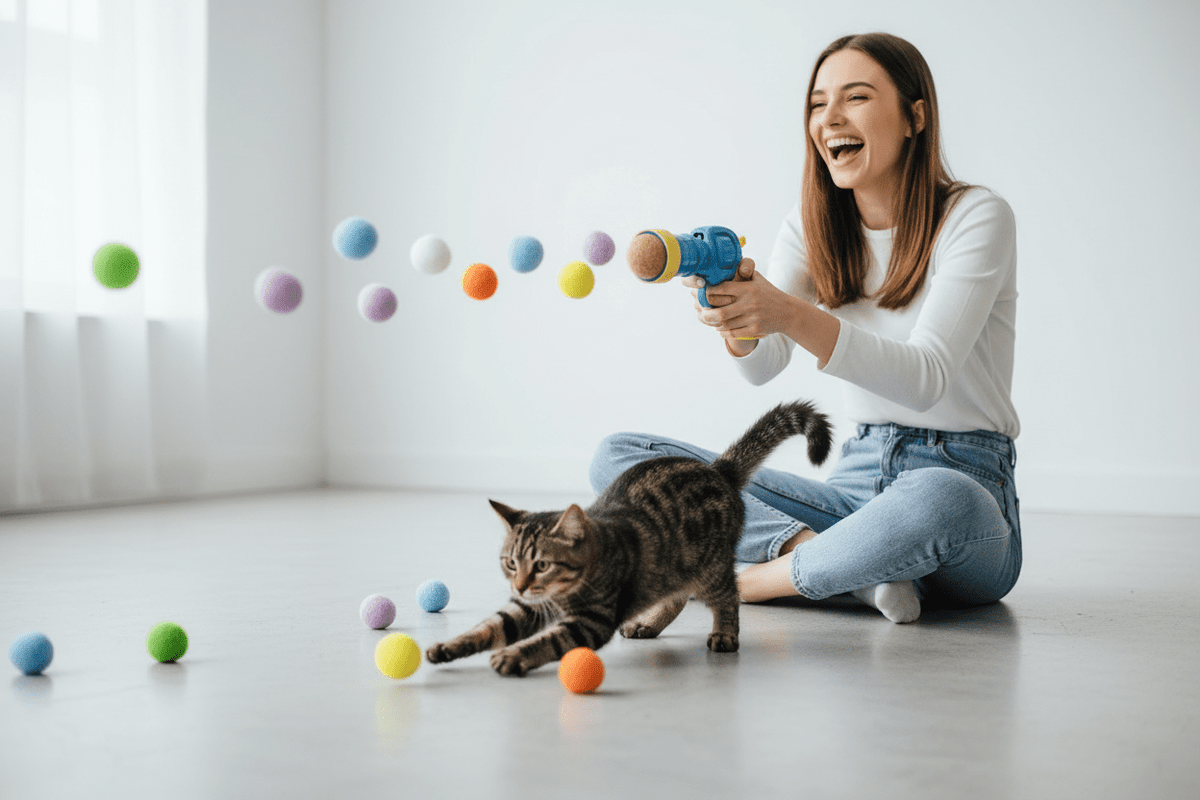 Cat playing with a blue plush ball launcher and colorful foam balls