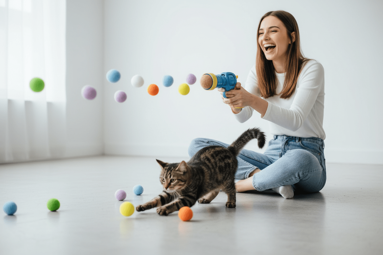 Cat playing with a blue plush ball launcher and colorful foam balls
