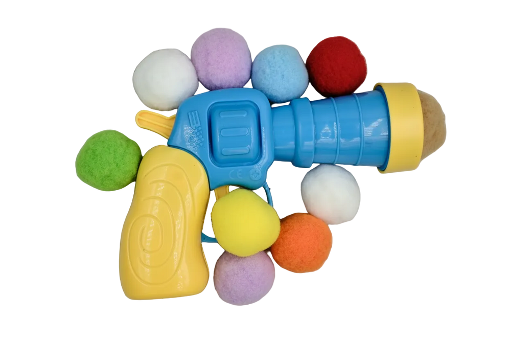 Blue and yellow cat ball launcher with assorted plush foam balls