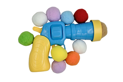Blue and yellow cat ball launcher with assorted plush foam balls