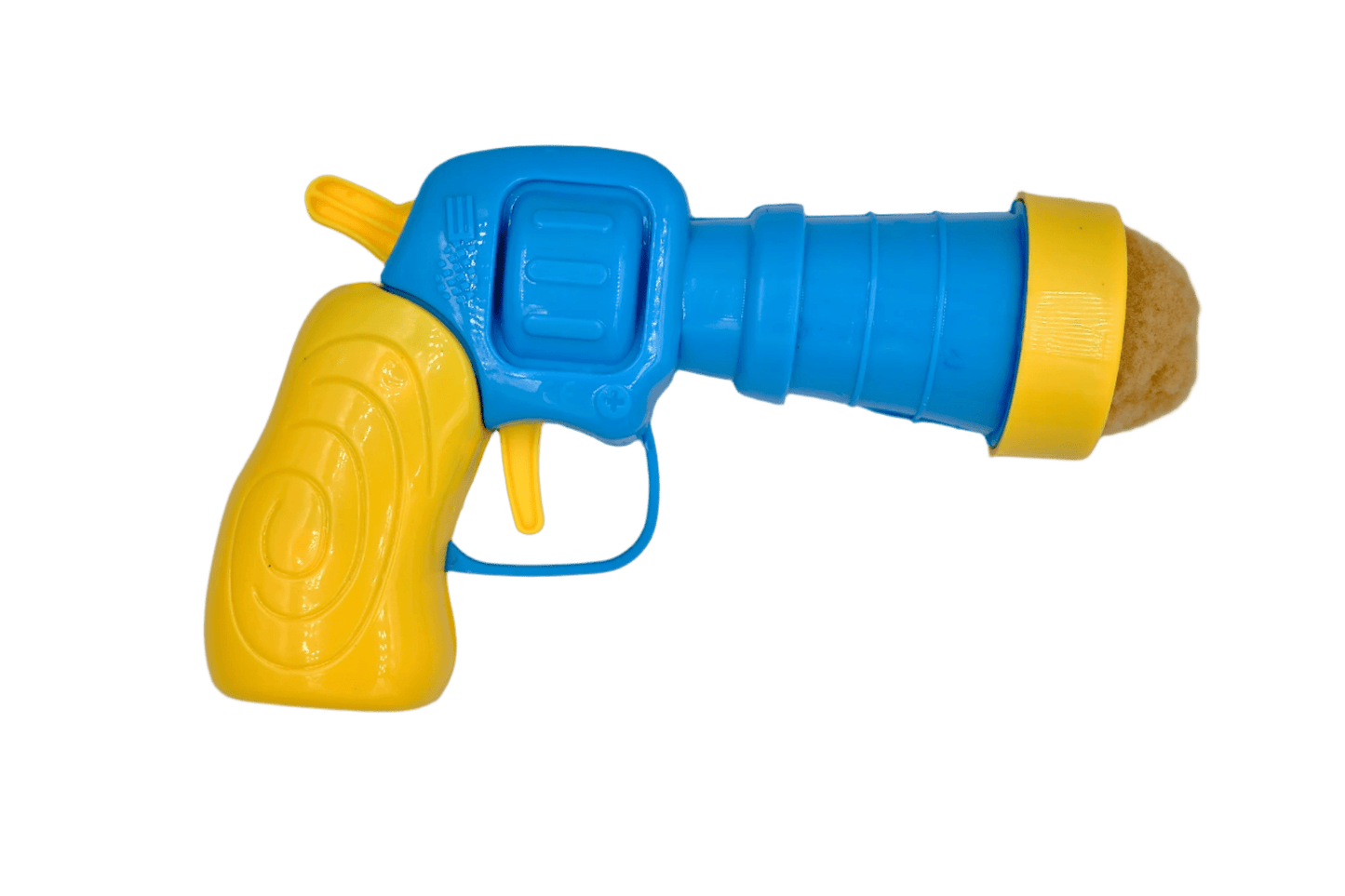 Blue and yellow plush ball launcher toy for cats with handle and trigger