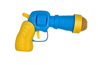 Blue and yellow plush ball launcher toy for cats with handle and trigger