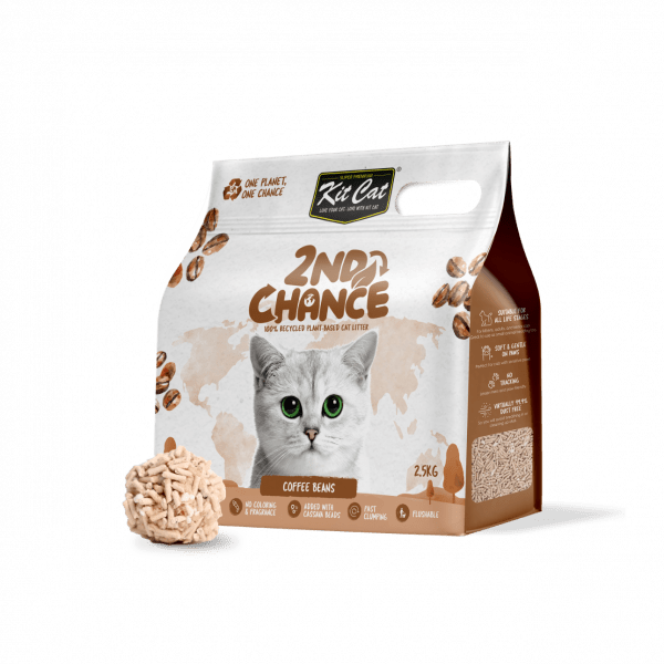 Plant-based cat litter bag, 2nd Chance, coffee beans, with pile of litter pieces