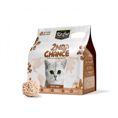 Plant-based cat litter bag, 2nd Chance, coffee beans, with pile of litter pieces