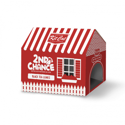 Plant-based cat litter box packaging, 2nd Chance, black tea leaves variant, arched entrance