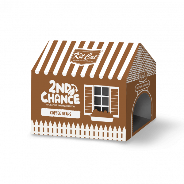 Plant-based cat litter box packaging, 2nd Chance, coffee beans variant, arched entrance