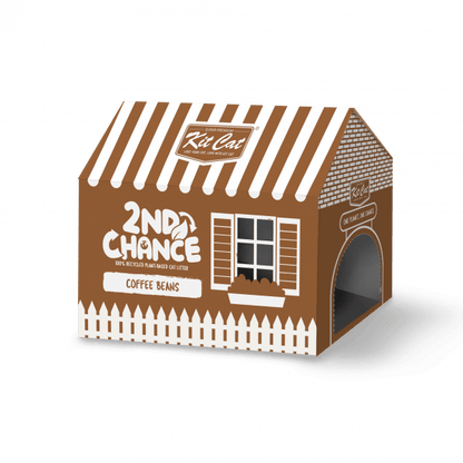 Plant-based cat litter box packaging, 2nd Chance, coffee beans variant, arched entrance