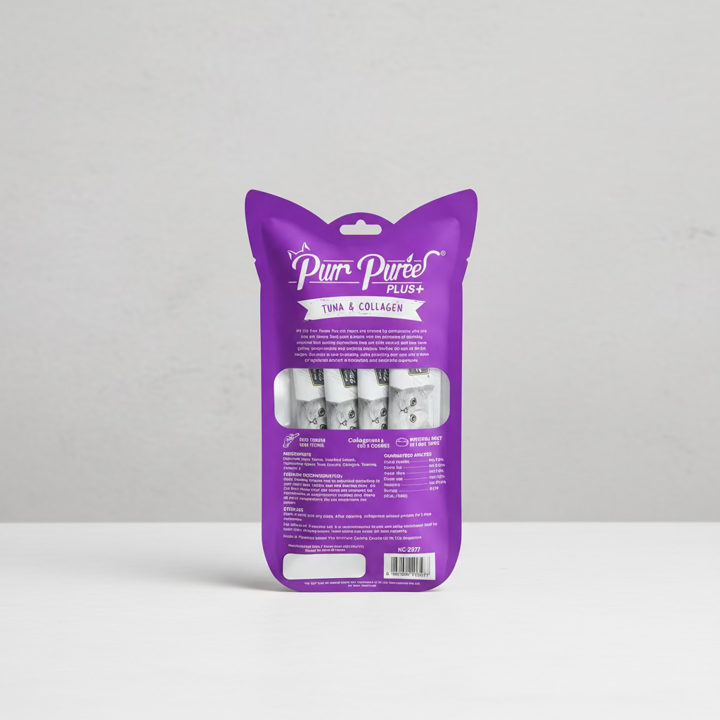 Kit Cat Purr Puree Plus+ cat treat envelope, purple back with nutrition text window