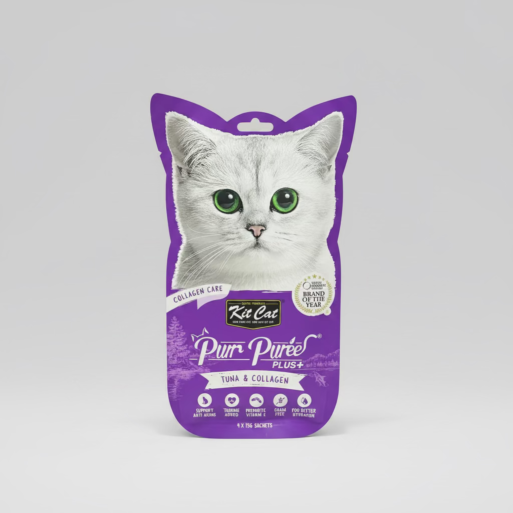 Kit Cat Purr Puree Plus+ cat treat envelope, purple front with white cat illustration