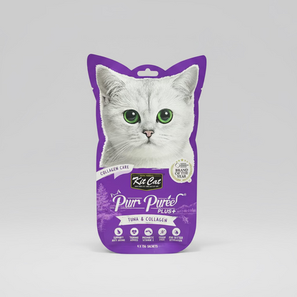 Kit Cat Purr Puree Plus+ cat treat envelope, purple front with white cat illustration