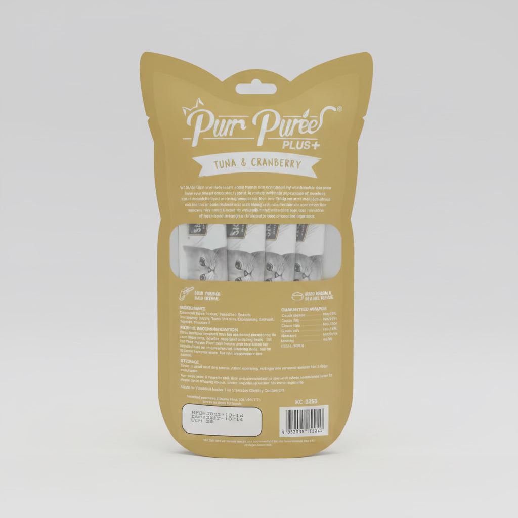 Kit Cat Purr Puree Plus+ cat treat envelope, tan back with ingredient panel and bar code