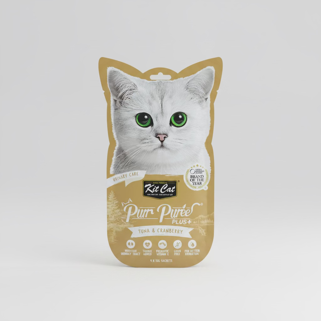 Kit Cat Purr Puree Plus+ cat treat envelope, tan front with white cat face