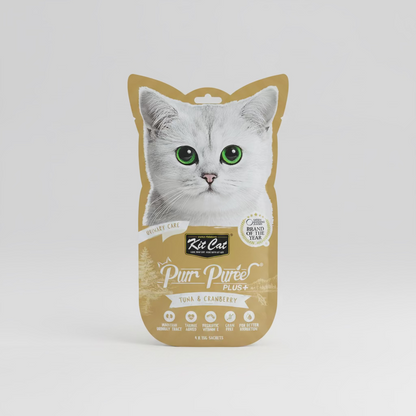 Kit Cat Purr Puree Plus+ cat treat envelope, tan front with white cat face
