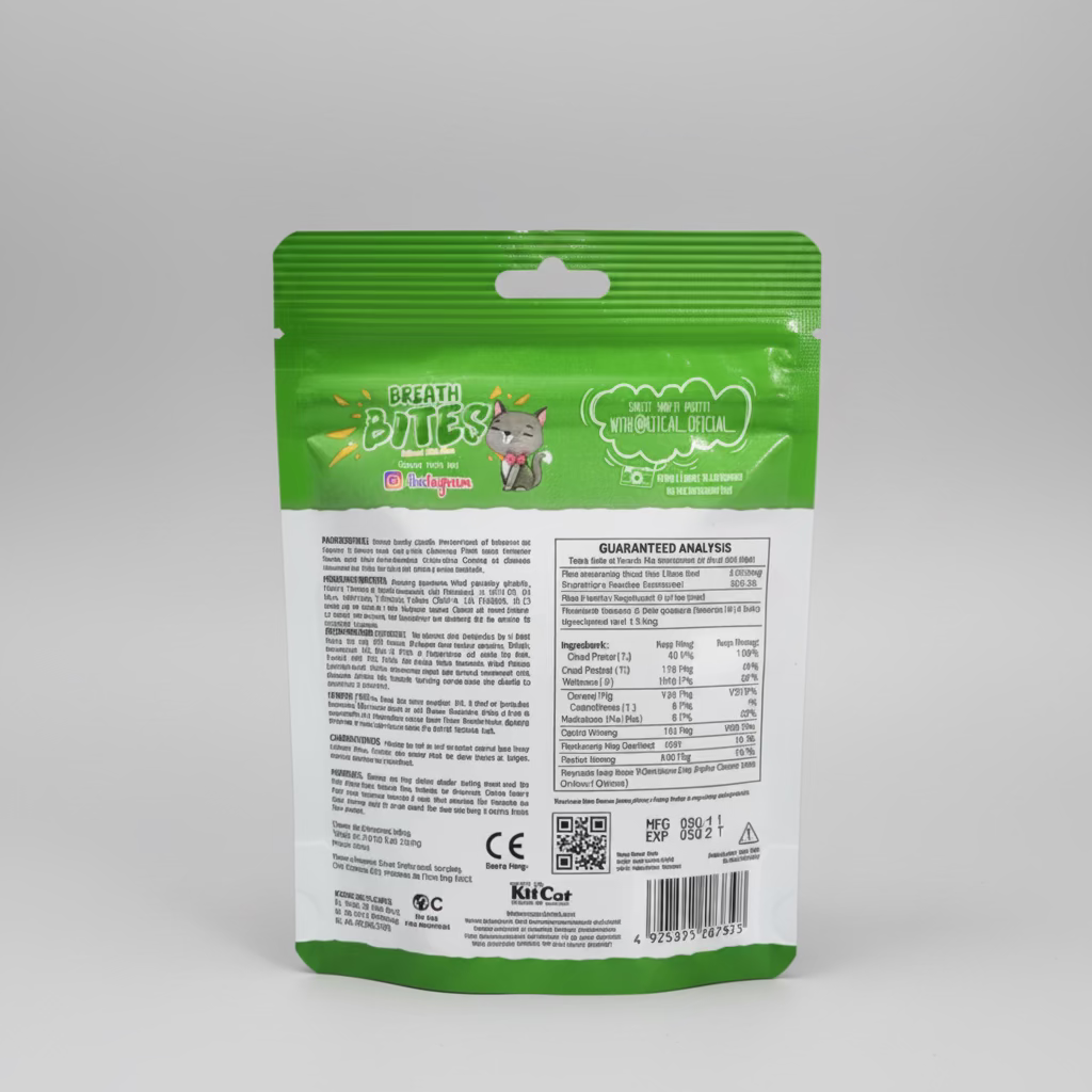 Cat dental treat pouch, green back label with nutrition and guaranteed analysis