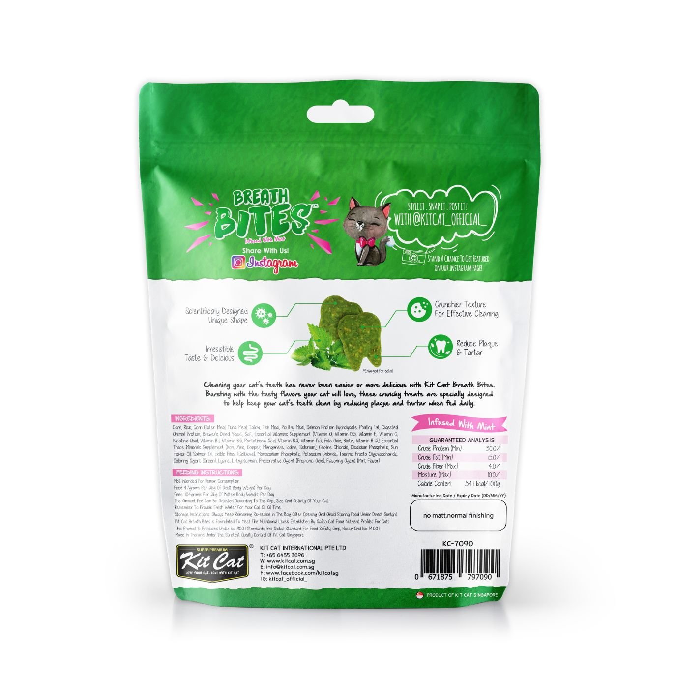Back of Kit Cat Breath Bites Tuna 60g pouch with ingredients and feeding information