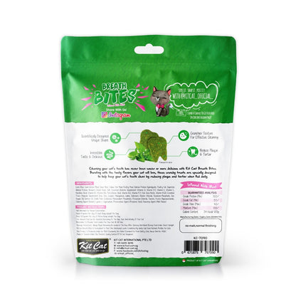 Back of Kit Cat Breath Bites Tuna 60g pouch with ingredients and feeding information