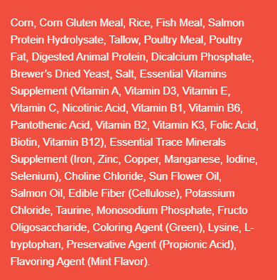 Ingredient list panel on pouch, red text background with vitamins and supplements