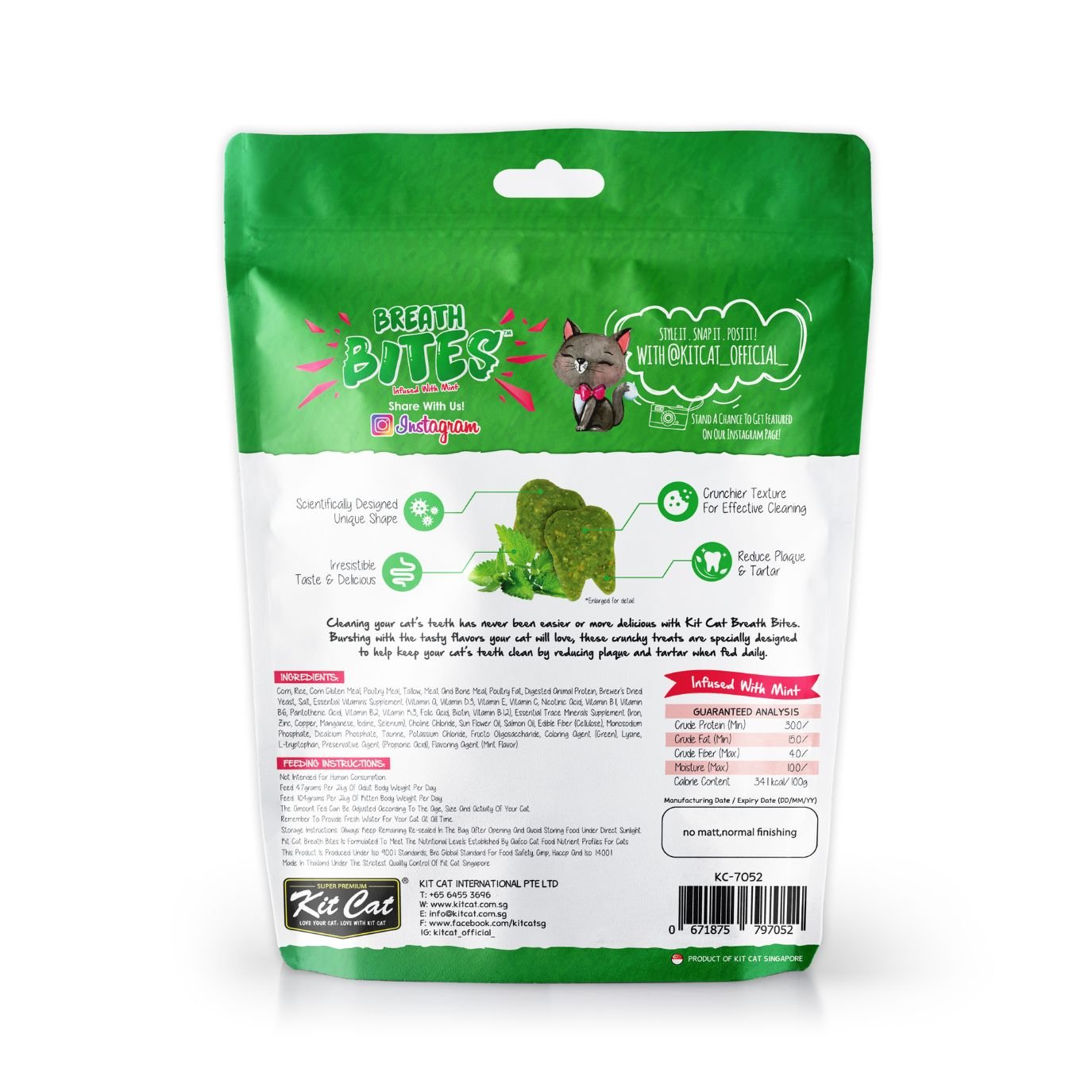 Back of Kit Cat Breath Bites Beef 60g pouch with ingredients and feeding information