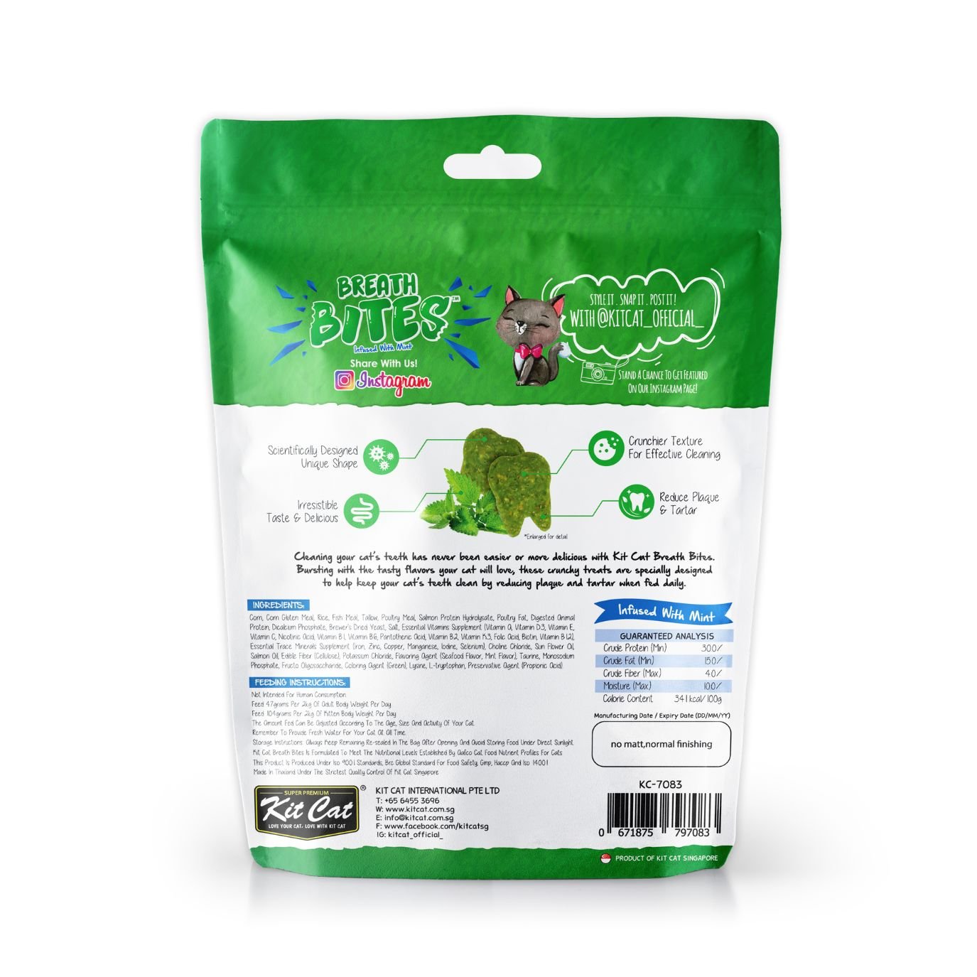 Back of Kit Cat Breath Bites Seafood 60g pouch with ingredients and feeding information