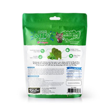 Back of Kit Cat Breath Bites Seafood 60g pouch with ingredients and feeding information