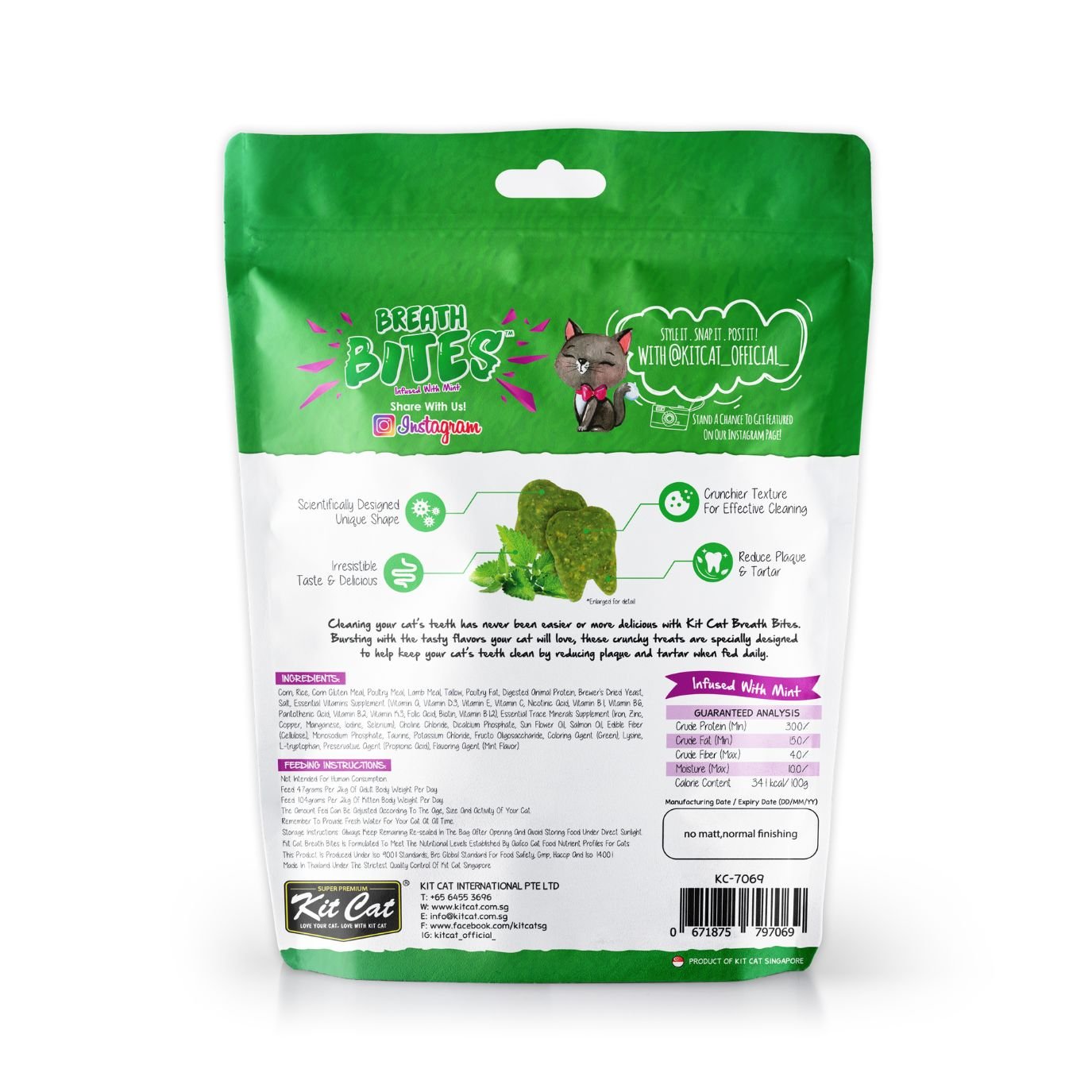 Back of Kit Cat Breath Bites Lamb 60g pouch with ingredients and feeding information