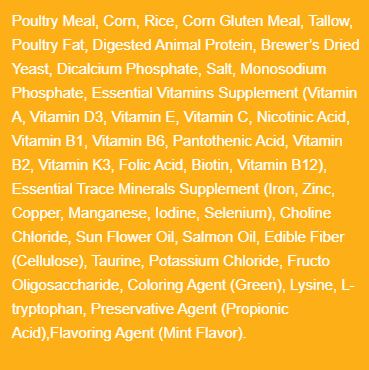 Ingredient list panel on pouch, yellow text with vitamins, minerals, and taurine