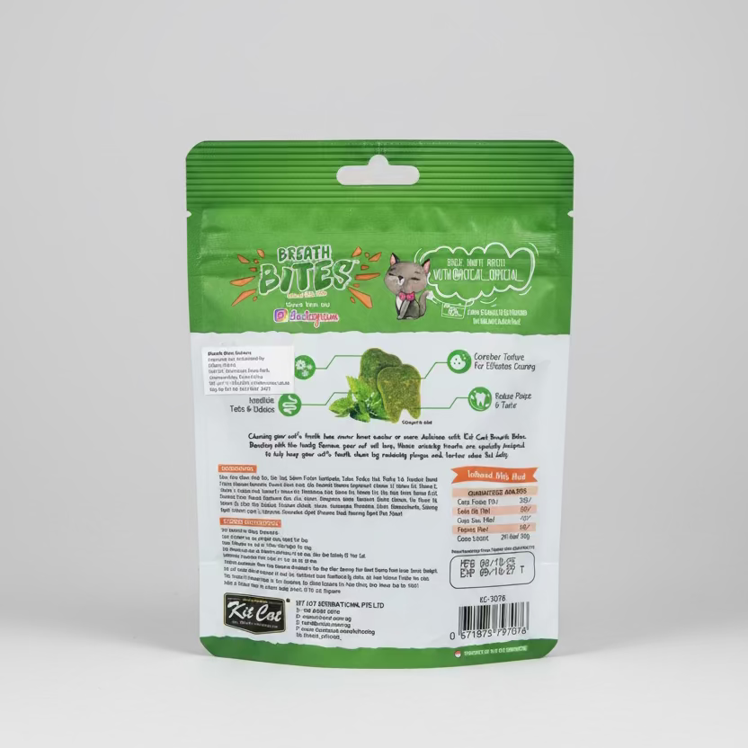 Cat dental treat pouch, green back label with feeding and ingredient details