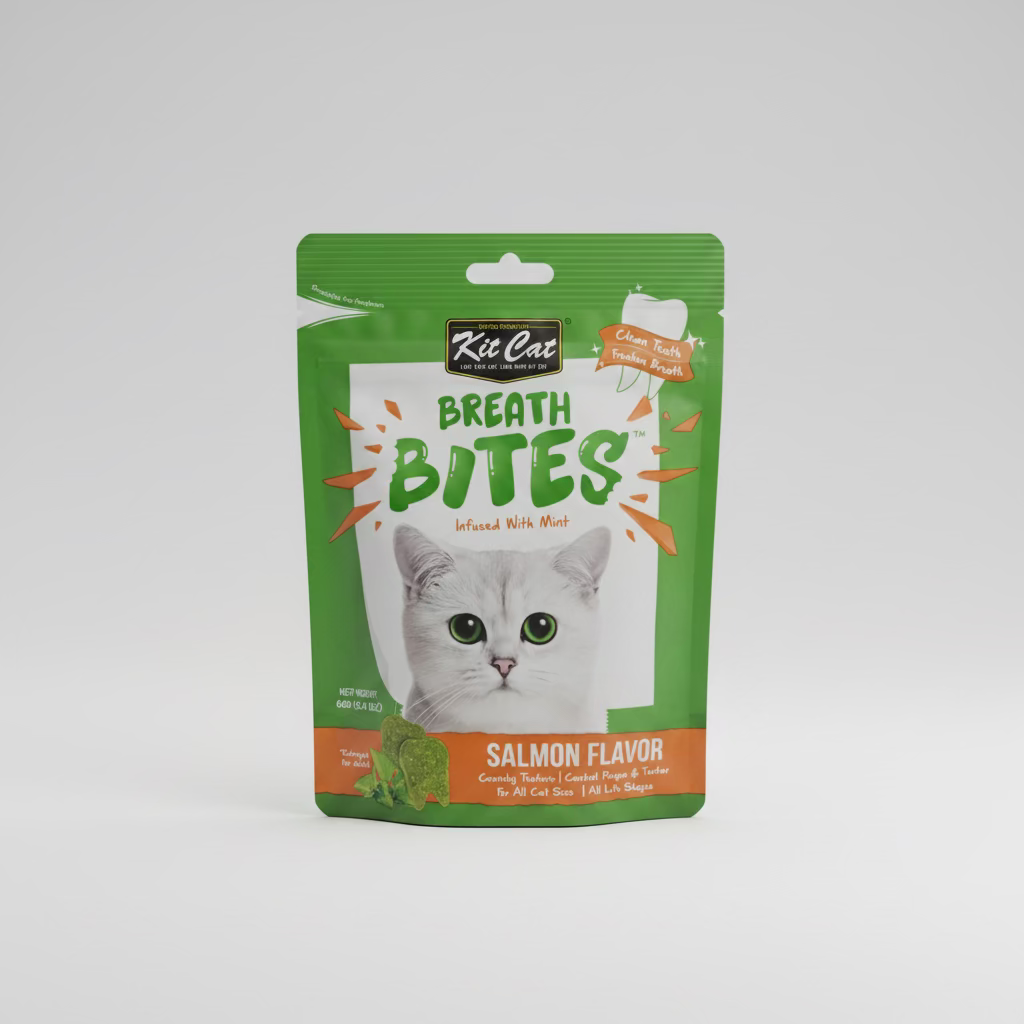 Cat dental treat pouch, green front with kitten face and Salmon flavor