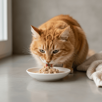 Orange tabby cat eating wet food from a white bowl