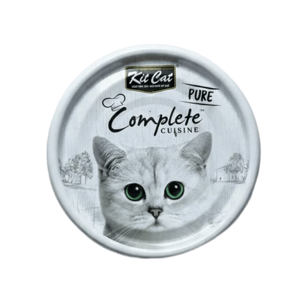Wet cat food container lid with gray cat face and “Pure Complete Cuisine” text