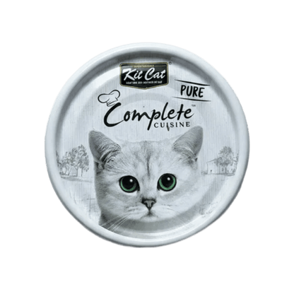 Wet cat food container lid with gray cat face and “Pure Complete Cuisine” text