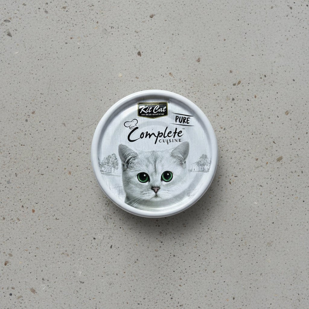 Wet cat food container lid with gray cat face and Complete Cuisine branding