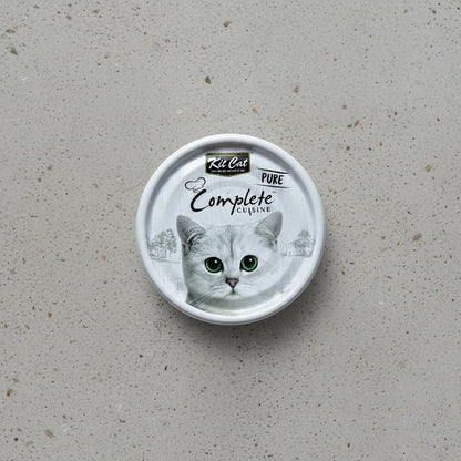Wet cat food container lid with gray cat face and Complete Cuisine branding