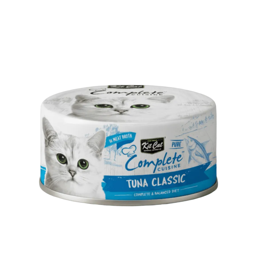 Wet cat food container labeled “Tuna Classic” in blue with gray cat image