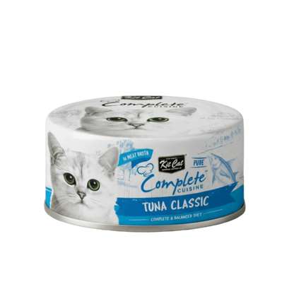 Wet cat food container labeled “Tuna Classic” in blue with gray cat image