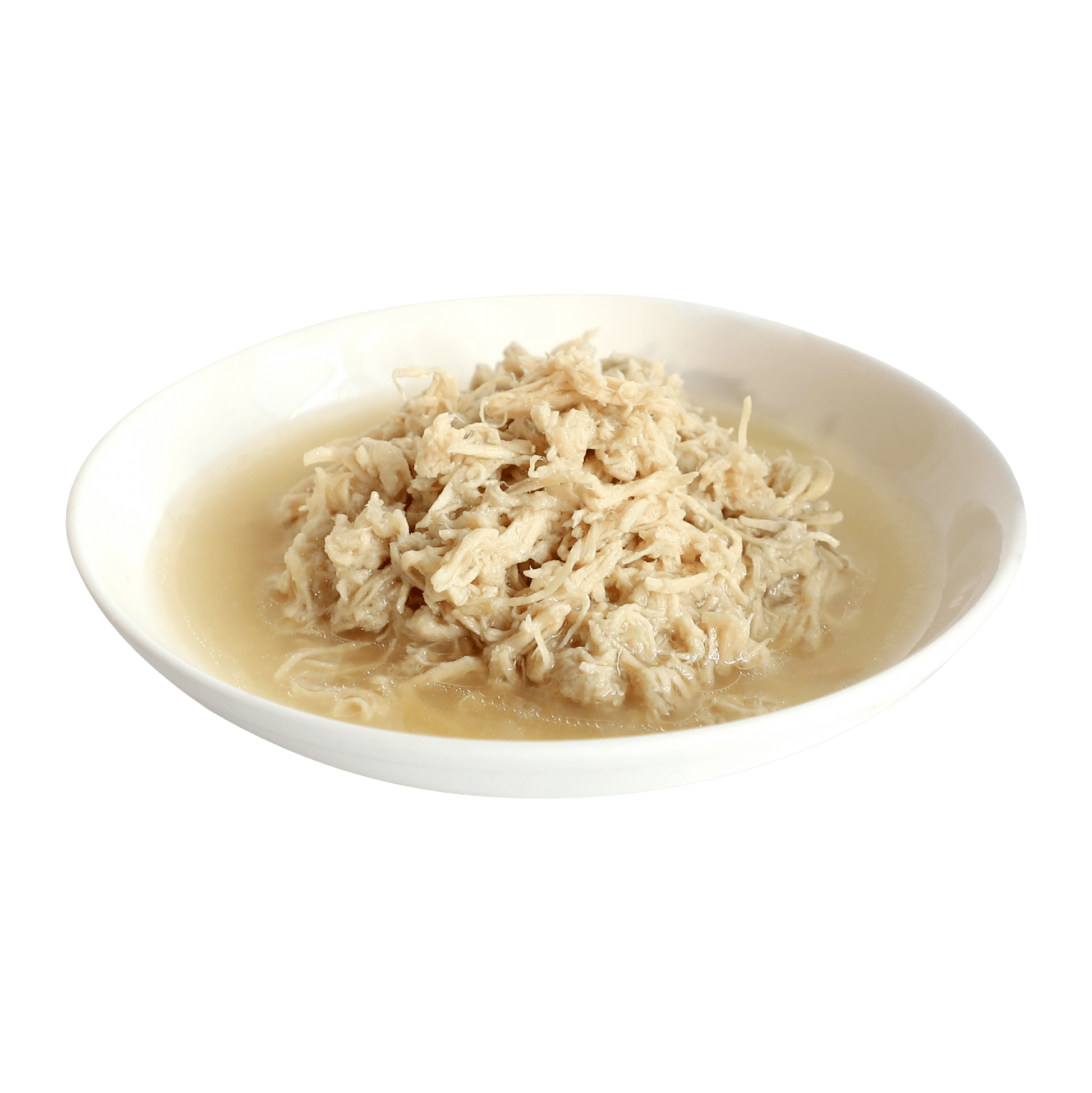 Wet cat food in broth with shredded meat served in a white oval dish