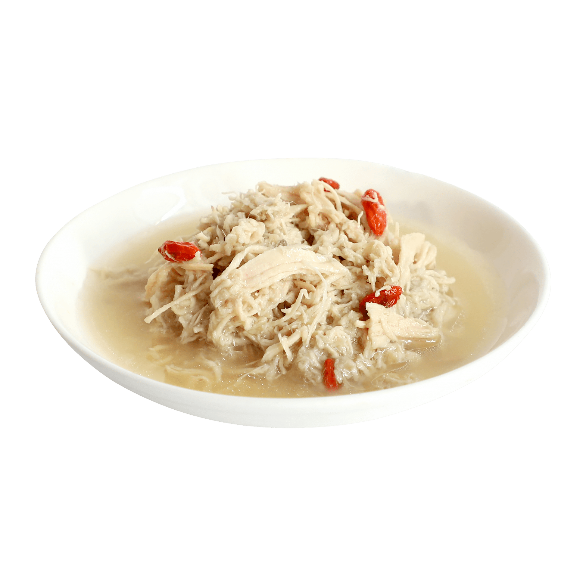 Wet cat food in broth with shredded meat and visible goji berries in a white dish