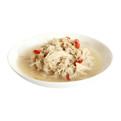 Wet cat food in broth with shredded meat and visible goji berries in a white dish