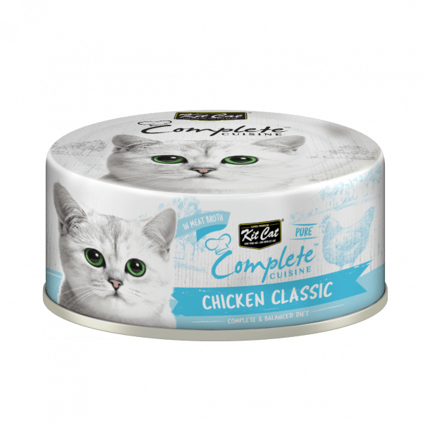Wet cat food container labeled “Chicken Classic” with blue accents and gray cat image