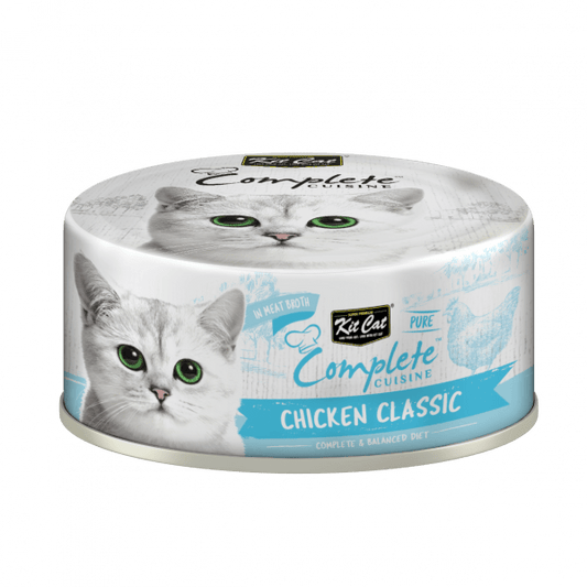 Wet cat food container labeled “Chicken Classic” with blue accents and gray cat image