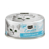 Wet cat food container labeled “Chicken Classic” with blue accents and gray cat image