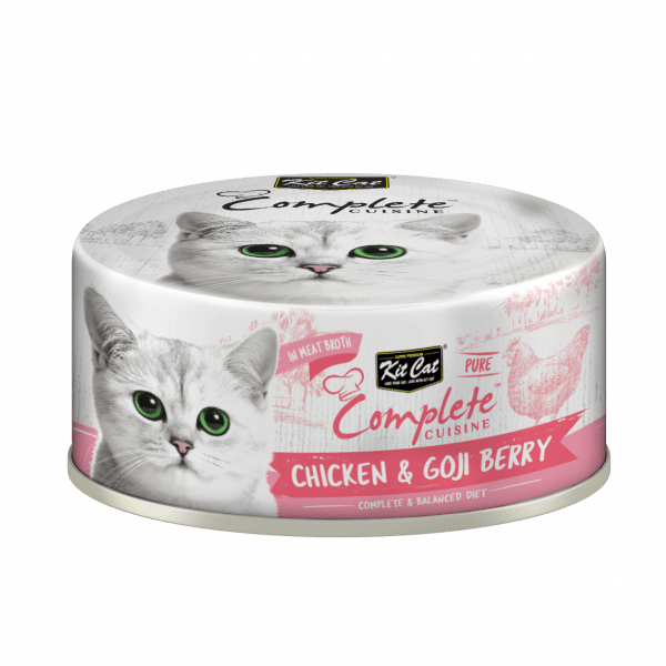 Wet cat food container labeled “Chicken & Goji Berry” with pink accents and cat image