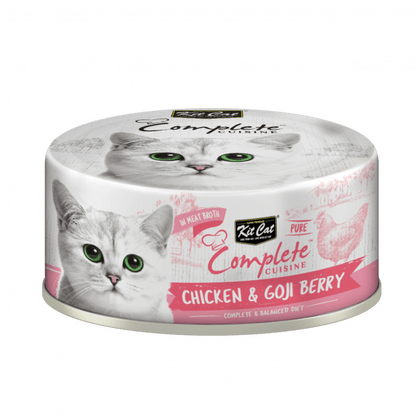 Wet cat food container labeled “Chicken & Goji Berry” with pink accents and cat image