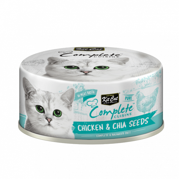 Wet cat food container labeled “Chicken & Chia Seeds” with teal accents and cat image