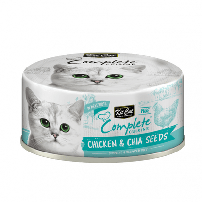 Wet cat food container labeled “Chicken & Chia Seeds” with teal accents and cat image