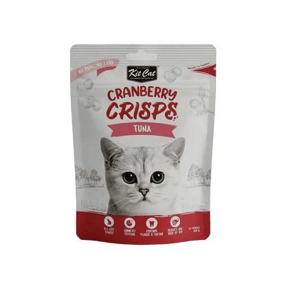 Tuna-flavored cranberry crisps cat treat pouch with white cat portrait and red accents