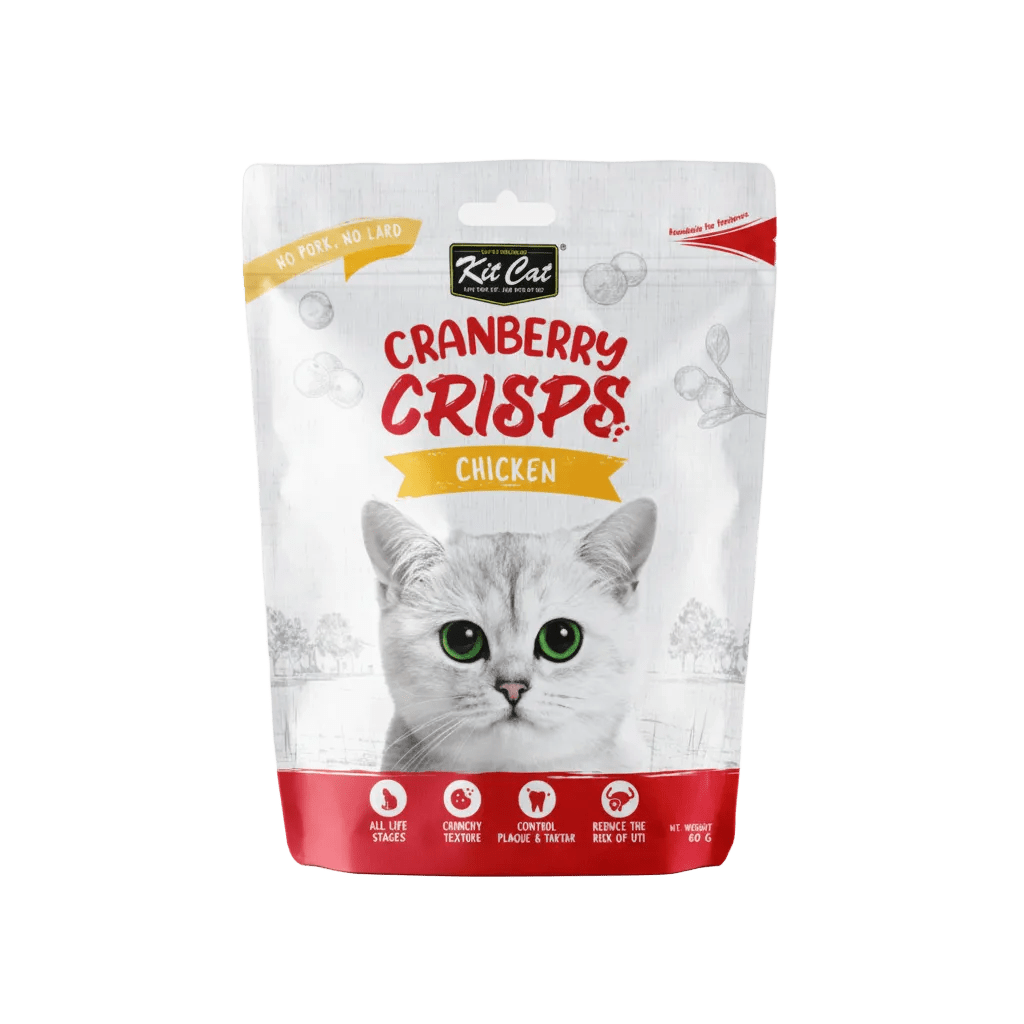 Chicken-flavored cranberry crisps cat treat pouch with white cat portrait and icons
