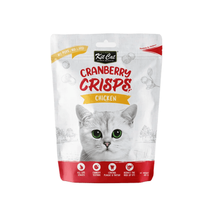 Chicken-flavored cranberry crisps cat treat pouch with white cat portrait and icons